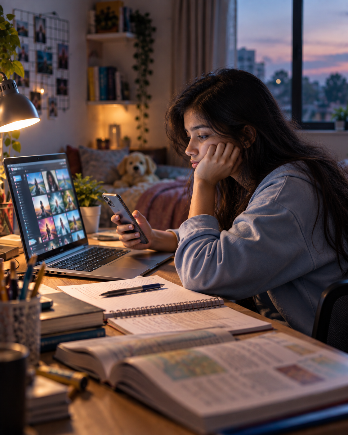 Teenage student distracted by a smartphone while studying with a laptop, books and notes at home.